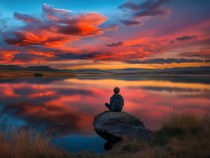 Preview wallpaper boy, silhouette, lake, stone, sky, alone