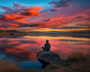 Preview wallpaper boy, silhouette, lake, stone, sky, alone