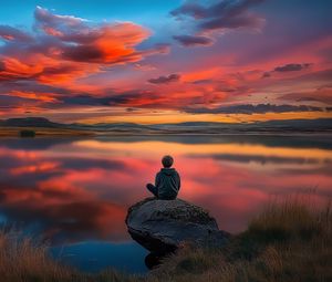 Preview wallpaper boy, silhouette, lake, stone, sky, alone