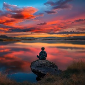 Preview wallpaper boy, silhouette, lake, stone, sky, alone