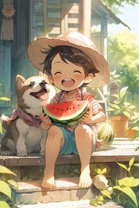 Preview wallpaper boy, smile, dog, watermelon, summer, anime, art