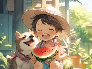 Preview wallpaper boy, smile, dog, watermelon, summer, anime, art