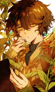 Preview wallpaper boy, sunflowers, flowers, anime, art