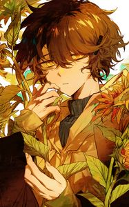 Preview wallpaper boy, sunflowers, flowers, anime, art