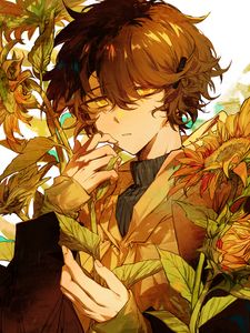 Preview wallpaper boy, sunflowers, flowers, anime, art