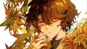 Preview wallpaper boy, sunflowers, flowers, anime, art