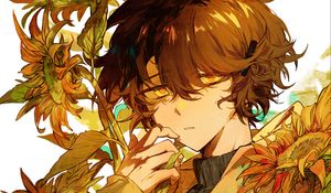 Preview wallpaper boy, sunflowers, flowers, anime, art