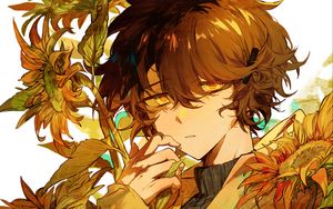 Preview wallpaper boy, sunflowers, flowers, anime, art