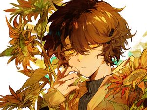 Preview wallpaper boy, sunflowers, flowers, anime, art