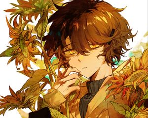 Preview wallpaper boy, sunflowers, flowers, anime, art