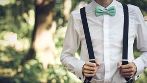 Preview wallpaper boyfriend, bridegroom, attire, suspenders, shirt, bow tie