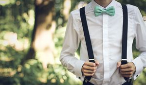 Preview wallpaper boyfriend, bridegroom, attire, suspenders, shirt, bow tie