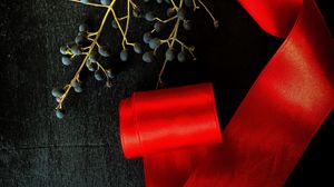 Preview wallpaper branch, berries, ribbon, red