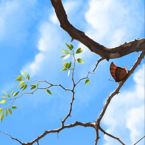 Preview wallpaper branch, butterfly, sky, clouds, art