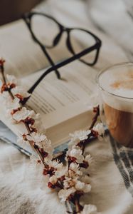 Preview wallpaper branch, flowering, coffee, glasses, still life