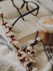 Preview wallpaper branch, flowering, coffee, glasses, still life