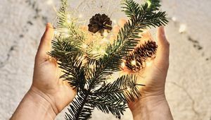 Preview wallpaper branch, garland, cones, hands, holiday, new year, christmas