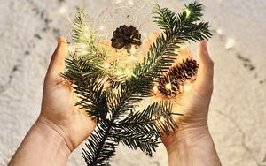 Preview wallpaper branch, garland, cones, hands, holiday, new year, christmas