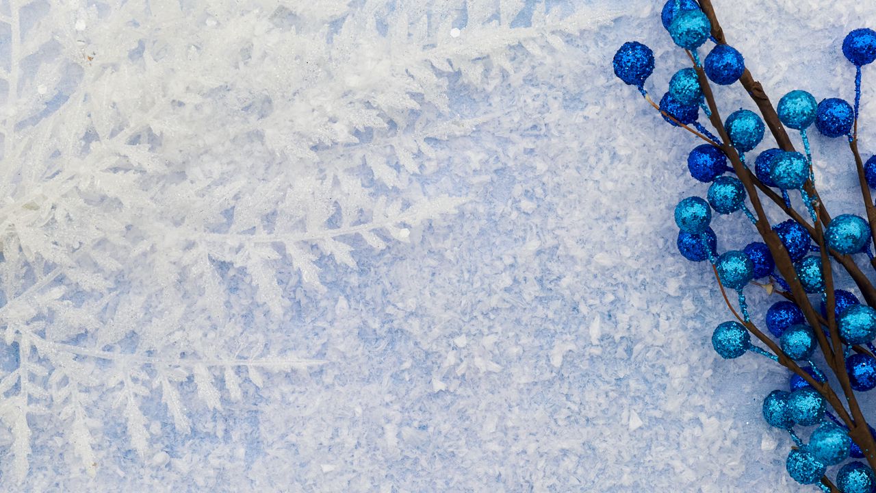 Wallpaper branches, balls, frost, winter, blue