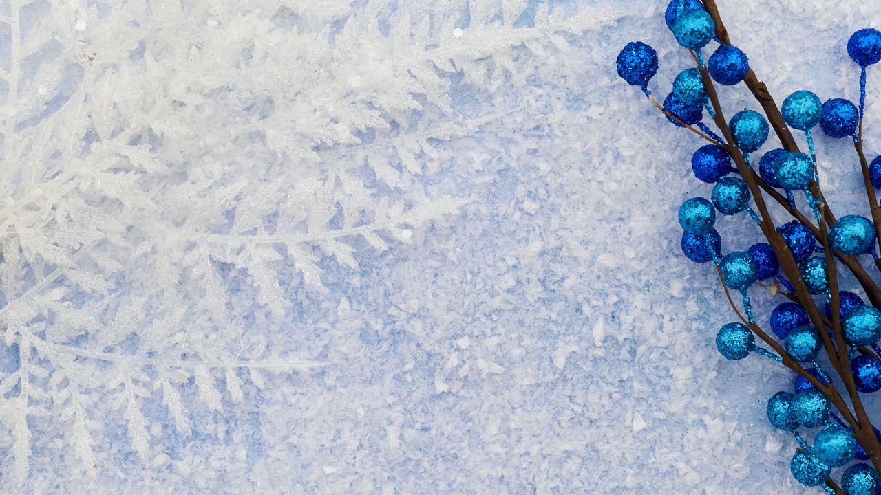 Wallpaper branches, balls, frost, winter, blue