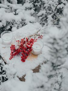 Preview wallpaper branches, berries, candles, snow