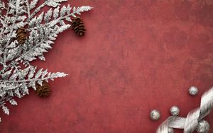 Preview wallpaper branches, cones, background, new year, christmas, red