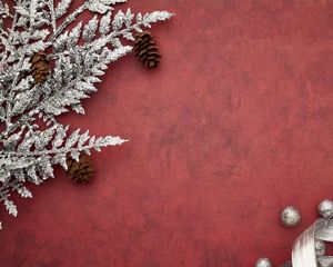 Preview wallpaper branches, cones, background, new year, christmas, red