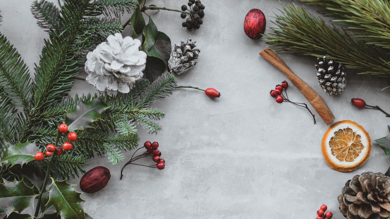 Wallpaper branches, cones, berries, christmas, new year