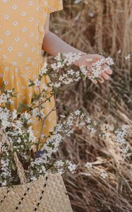 Preview wallpaper branches, flowers, hand, basket, dress