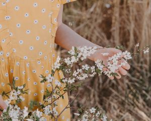 Preview wallpaper branches, flowers, hand, basket, dress