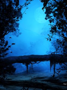 Preview wallpaper branches, fog, art, leaves, moon