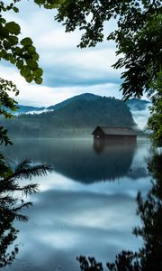 Preview wallpaper branches, lake, house, mountains, reflection
