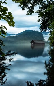 Preview wallpaper branches, lake, house, mountains, reflection