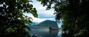 Preview wallpaper branches, lake, house, mountains, reflection
