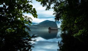 Preview wallpaper branches, lake, house, mountains, reflection
