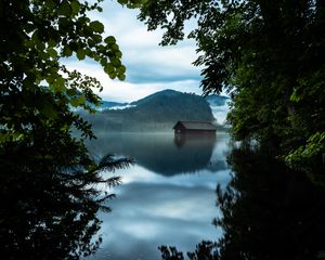Preview wallpaper branches, lake, house, mountains, reflection