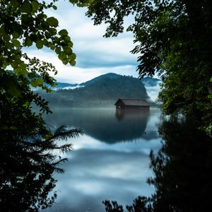 Preview wallpaper branches, lake, house, mountains, reflection