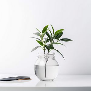 Preview wallpaper branches, leaves, vase, water, white, minimalism