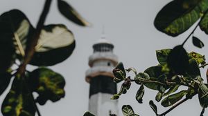 Preview wallpaper branches, lighthouse, building, leaves