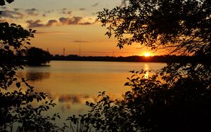 Preview wallpaper branches, sun, sunset, lake, sky