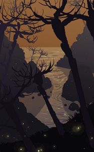 Preview wallpaper branches, trees, art, sea, night