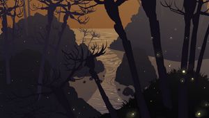 Preview wallpaper branches, trees, art, sea, night