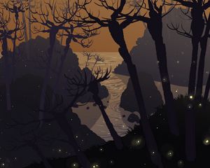 Preview wallpaper branches, trees, art, sea, night