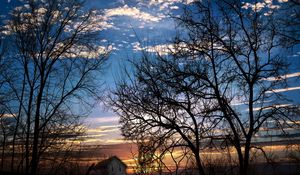 Preview wallpaper branches, trees, sunset, evening, dusk, sky, clouds, house, slope