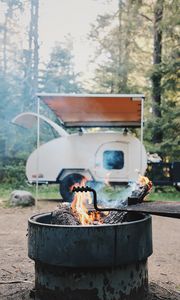 Preview wallpaper brazier, fire, van, forest, trees, nature, camping