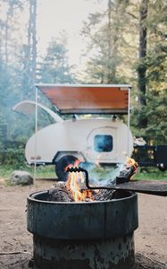 Preview wallpaper brazier, fire, van, forest, trees, nature, camping