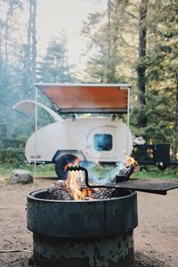 Preview wallpaper brazier, fire, van, forest, trees, nature, camping