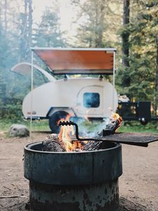 Preview wallpaper brazier, fire, van, forest, trees, nature, camping