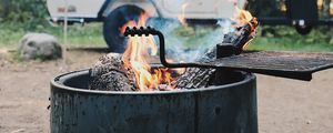 Preview wallpaper brazier, fire, van, forest, trees, nature, camping