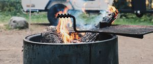 Preview wallpaper brazier, fire, van, forest, trees, nature, camping